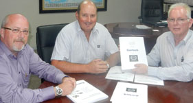 From left: Gerry Morgan, national sales manager, Garlock; Charles Walters, CEO, BMG; Ken Steel, general manager, BMG seals division